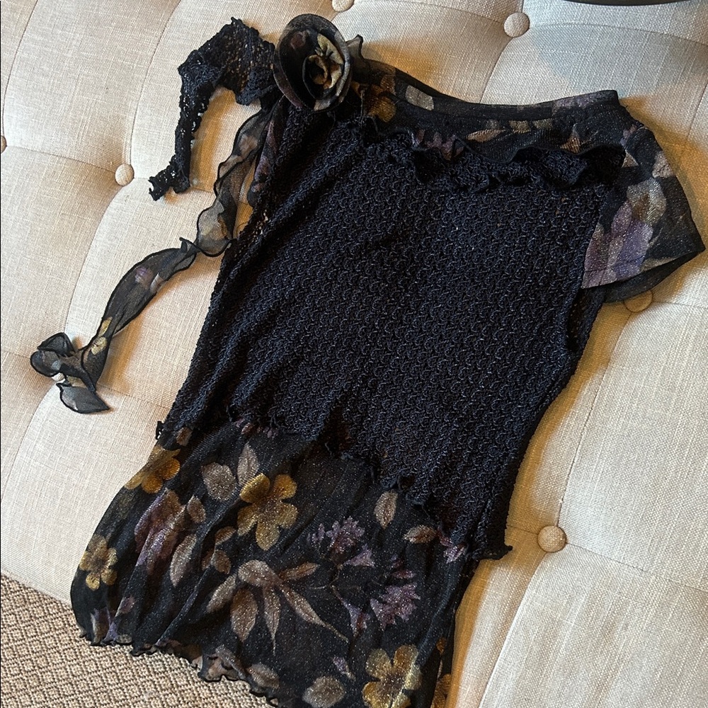 Statement Y2K Dong Fang Ming Li Floral Mesh Crochet Asymmetrical Top Size Small - Picture 4 of 8